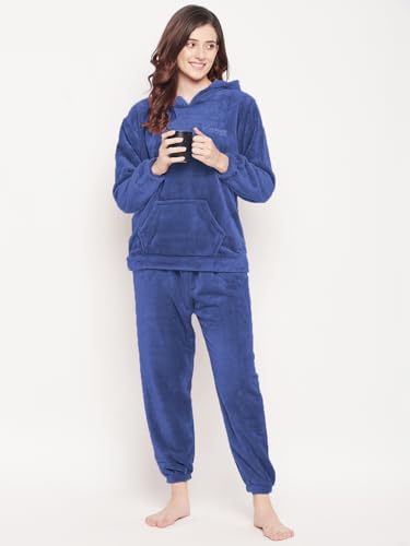 CAMEY Women Winter Full Sleeve Top and Pajama Pants Regular Fit Night Suit Hooded Top and Pyjama Set Ladies Night Dress (X-Large, D.Blue)