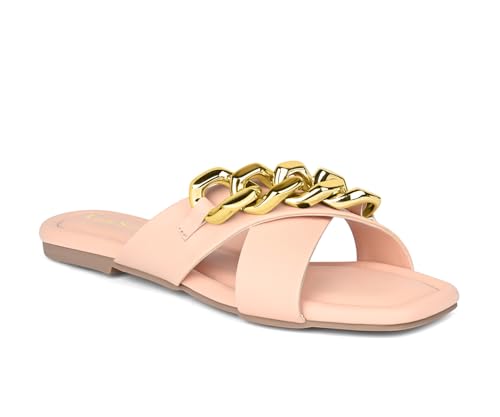 LOUIS STITCH Women’s Slip-On Cross Strap Flat Sandals | Comfortable Peach Ladies Sandal | LSOF-FI04-CSBPE | UK-5