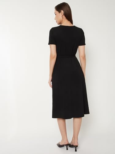 Max Women Textured A-line Belted Dress (Black_S)