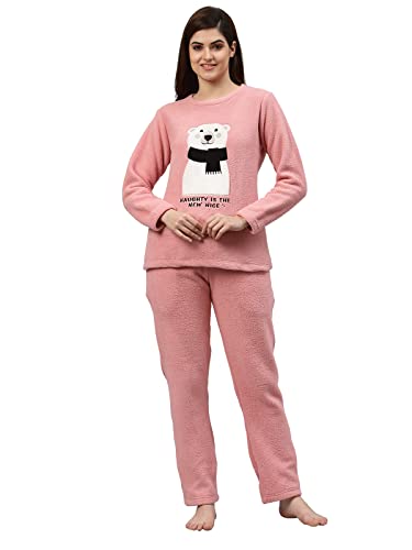 Sweet Dreams Women Applique Polar Fleece Round Neck Full Sleeve Winter Tracksuit (Night Suit)-Pink
