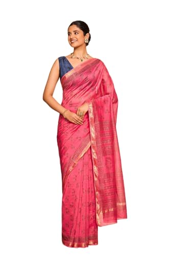 Taneira Women Pink Rajasthan Pure Silk Cotton Printed Sanganeri Saree with Unstitched Blouse Piece (SAPP01AC6737-Pink)