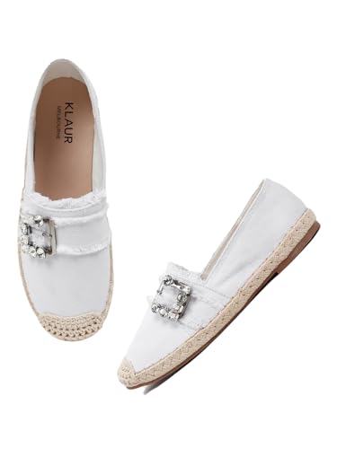 KLAUR MELBOURNE Women’s Denim-Style Espadrille Flats – Casual Slip-On Loafers with Rhinestone Buckle Edge Detail White