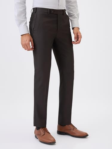 Park Avenue Men Slim Fit Structure Pattern Poly Viscose Blend Flat Front Formal Trouser (Size: 30)-PMTQ07872-O8 Dark Brown