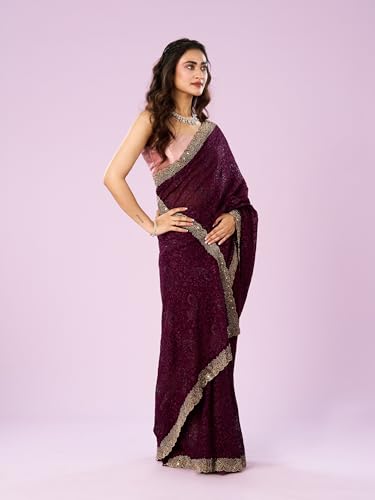 MOHEY Women's Georgette Embroidery|Stone Work Saree with Blouse Piece(Wine)