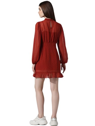 ONLY Women's Polyester Fit and Flare Above The Knee Dress (15338175-Red Ochre_Red