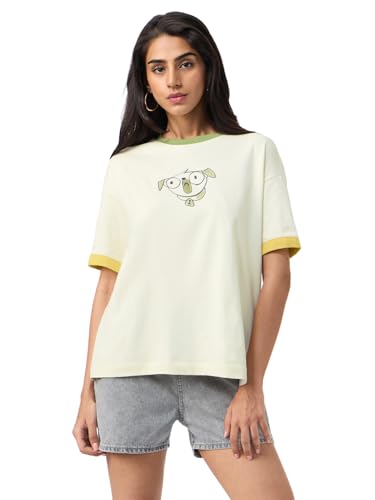 The Souled Store Pets On Prints: Women and Girls Short Sleeves Round Neck Cream Graphic Printed Cotton Lightweight Everyday Streetwear Oversized T-Shirt