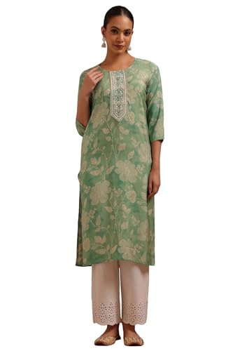 Soch Womens Light Green Muslin Botanical Print Kurta with Thread Work