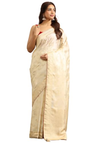 Soch Womens Cream Satin Botanical Zari Woven Saree