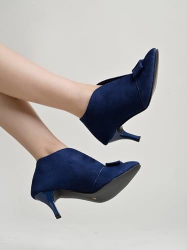 Shoetopia Women's BlueSuede Ankle Boot Heels – Pointed Toe with Bow Detail, Stylish & Comfortable Shoes EU37
