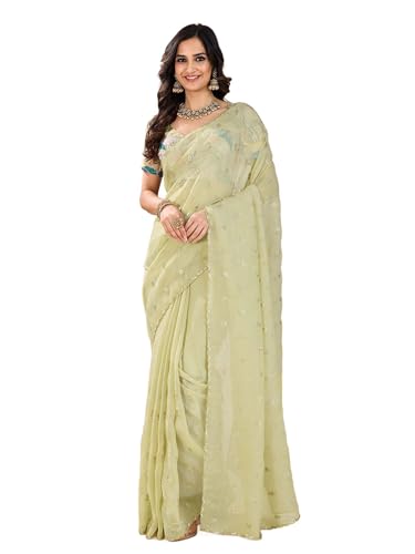AKHILAM Women's Light Green Tissue Sequins Work Saree With Unstitched Blouse Piece (RANI2601_RN)