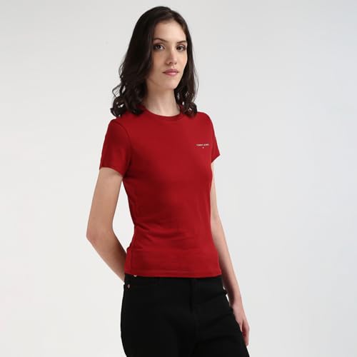 Tommy Hilfiger Red Cotton Solid Women Slim Fit T-Shirt