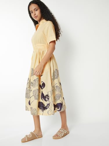 Max Women Floral Print Midi Shirt Dress(White_L)