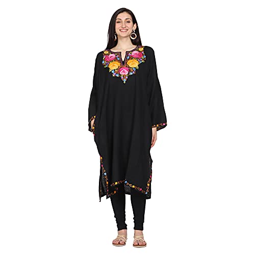 CRAFTBAZAR Kashmiri Woolen Black phiran with Multi Colour Embroidery Plus Size