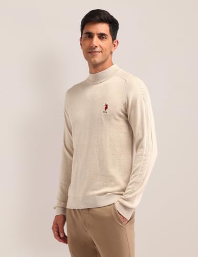 U.S. POLO ASSN. Mens Beige Heathered Mock NeckLong SleeveCasual Cotton Regular Fit Sweater (USSWE2247_Beige_3XL)