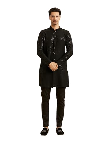 Manyavar Men's Viscose All-Over Sequinned Festive Mid-Length Kurta Set (Black,XXL)