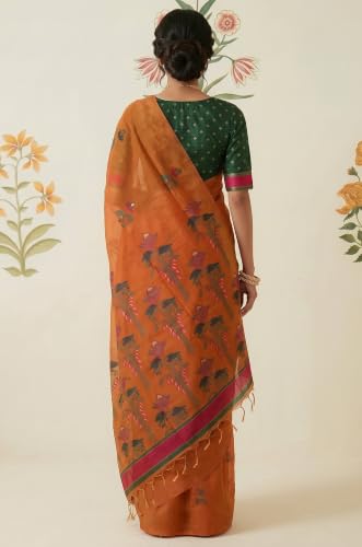 Label Aarna Women's Tangerine Cotton Saree with Unstitched Blouse Piece | Woven | Motifs Across Pallu | Modern Saree