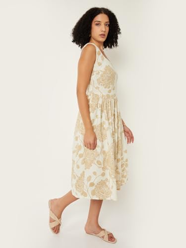 Max Women Printed Fit & Flare Midi Dress (Beige_XL)