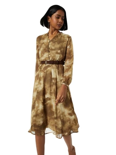 Max Women Printed A-line Dress with Belt (Beige_XXL)