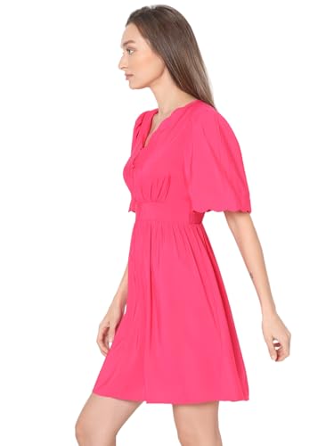 VERO MODA Women Solid Pink Viscose Above Knee Length Fit and Flare Dress