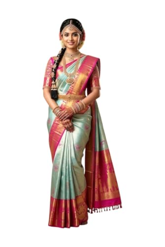 VFCollections Women's Traditional Handloom Kanchipuram Silk Pure Pattu Sarees Royal Wedding Border & Bridal Butta | Rich Zari Woven Design | Bridal Saree | Unstitched Blouse