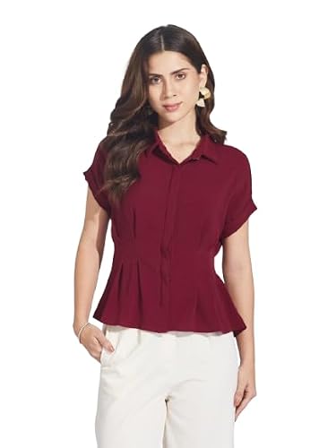 Latin Quarters Women Maroon Half Sleeve Collared Casual Solid Shirt_S