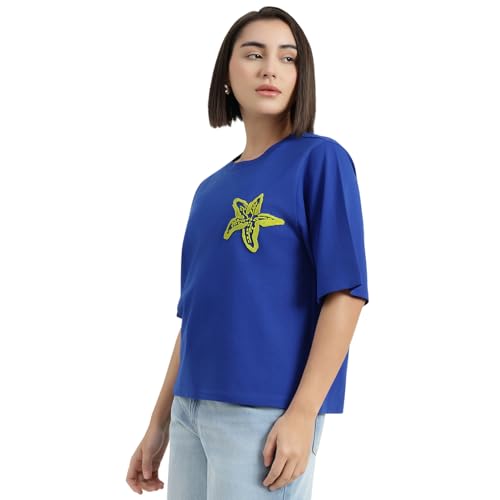 United Colors of Benetton Round Neck Solid T-Shirt (Size : L) - 26P3J68U1010I19R Blue