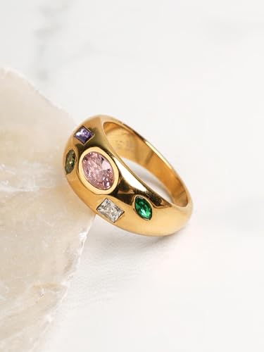PALMONAS Multi Stone Unique Gold Ring (Size-7) Gifts For Girlfriend | Gift For Women & Girls
