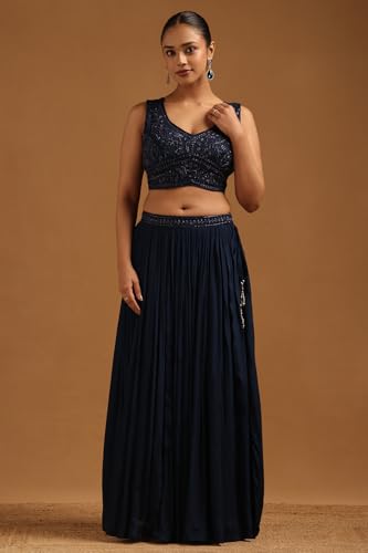 Soch Womens Navy Blue Chinon Embroidered Lehenga Choli With Cutwork And Sequins