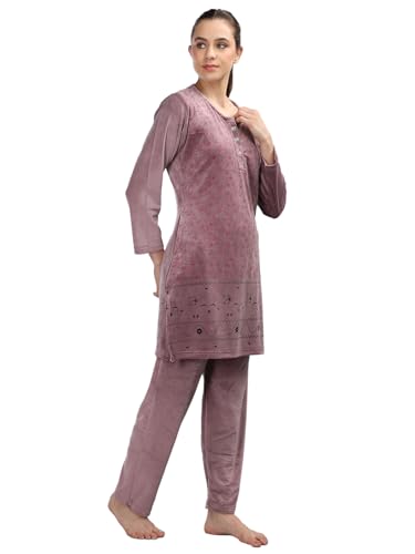 Duchess Women's Supersoft Velvet Printed Nightsuit for Winter wear