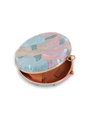 THE TAN CLAN Women Blue Floral Embroidered Clutch Purse Stylish Bridal Handbag Round Designer Clutch Bag For Women Wedding Party Ethnic Fancy Purse With Chain And Metal Handle
