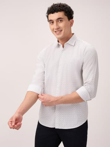 Park Avenue Men Slim Fit Print Pattern Pure Cotton Semi Cut Away Collar Full Sleeve Casual Shirt White