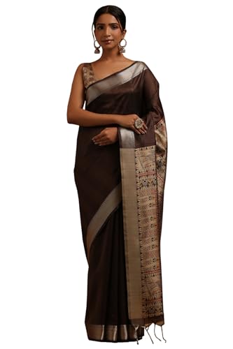 Soch Womens Brown Tussar Botanical Printed Saree