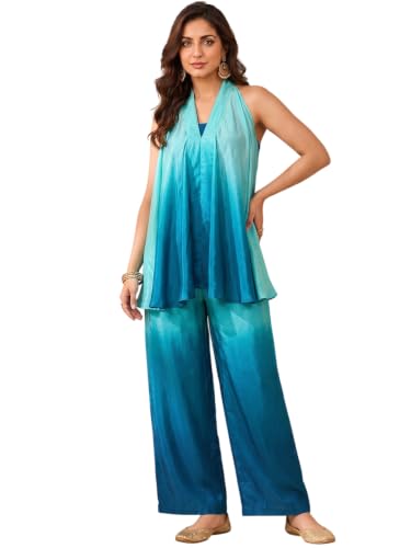 Varanga Women Blue A Line Kurta Palazzos Set Sleeveless Screen Print