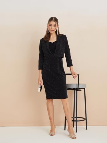 Latin Quarters Women's Black Sweatheart Neck Sleeveless Solid Party Bodycon Dress Shrug Set_M