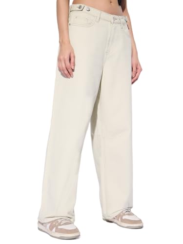 The Souled Store Barrel-Fit Denim: Ivory Dust Women and Girls Buttoned Waistband Solid Cotton Lightweight Everyday All-Season Loose Fit Jeans