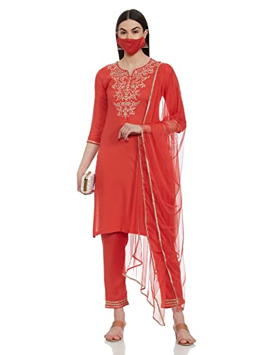 BIBA WOMEN SOLID; EMBROIDRED NARROW SALWAR KURTA DUPATTA(SKD7455E_SAFFRON_42)