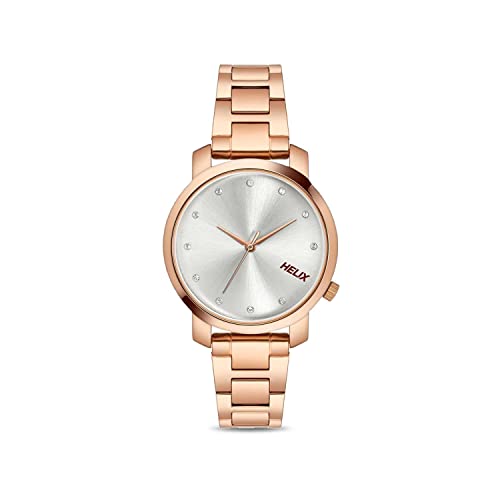 Helix by Timex Analog Watch for Women with Silver Round Dial & Rose Gold Stainless Steel Bracelet Band Water Resistant Women's Wrist Watches - TW032HL34