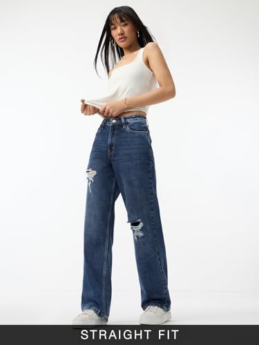The Souled Store Distressed Denim: Mid-Blue Women and Girls Buttoned Waistband Distressed Faded Cotton Denim Straight Fit Breathable Lightweight Everyday All-Season Denim Jeans