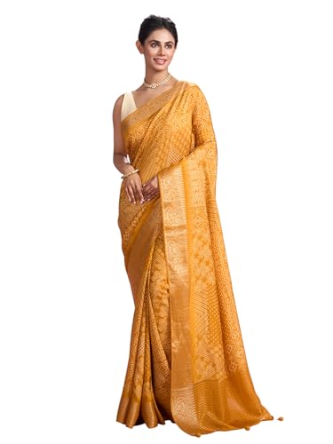 MOHEY Women's Art Silk Printed, Weave Saree with Blouse Piece(Mustard Yellow)