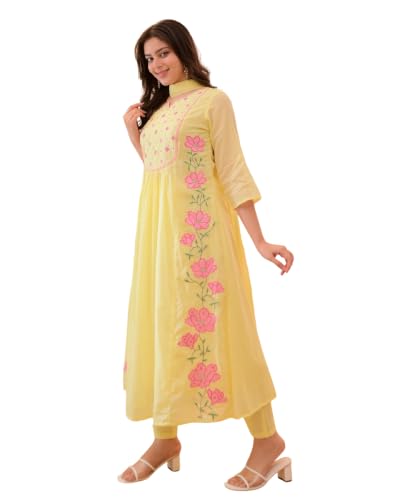 VARNI FABRICS: A lady's First Love Yellow Silk Blend Embroidered Flared Kurta Set For Women With Dupatta And Pant