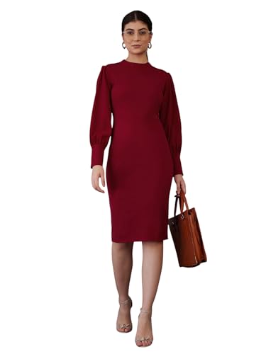 Sassafras worklyf Women's Red Puff Sleeves Bodycon Midi Dress-XS