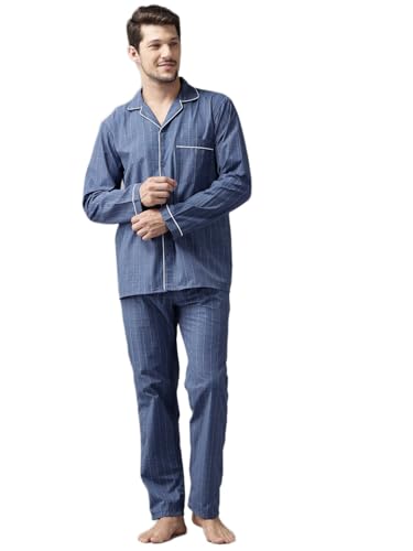 English Navy Men Checked Relaxed Fit Night Suit Blue Size 42, Comfortable Relaxed fit for Lounging, Perfect for Bedtime and Home wear, Gentle on Skin for All Night Comfort