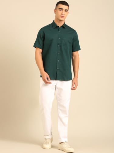 Cavallo by Linen Club Men's Half Sleeve Solid Regular fit Linen-Cotton Casual Shirt Dark Green