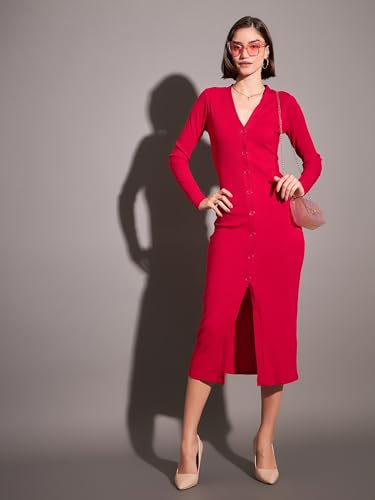 Pink Rib Front Button Midi Dress