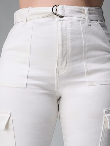 Miss Chase A+ Women's Wide-Leg High-Rise Regular-Length Stretchable Cargo Denim Jeans (APSS23DEN12-52-LMF-36, Oat White, 36)