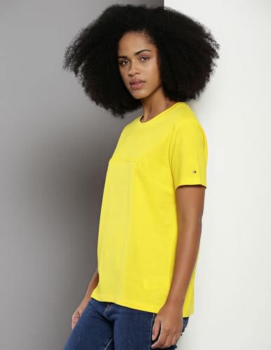 Tommy Hilfiger Women's Solid Regular Fit T-Shirt (S24HWKT249_Yellow