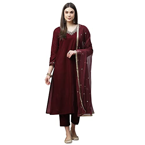 Divena Maroon Velvet hand work Kurta pant With Net Dupatta set