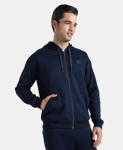 Jockey AM61 Men's Super Combed Cotton Rich Pique Fabric Ribbed Cuff Hoodie Jacket_Navy_L