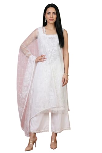 W for Woman White Lace Floral Printed Straight Kurta With Parallel Pants And Brasso Dupatta Set - (WS13806-127583-S)