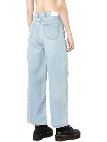 ONLY Women's Solid Wide Leg Mid-Rise Blue Jeans